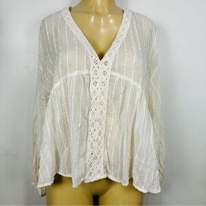 Zara Clip Dot Cotton Peasant Top Sz M Crochet Long Sleeves Loose Cream